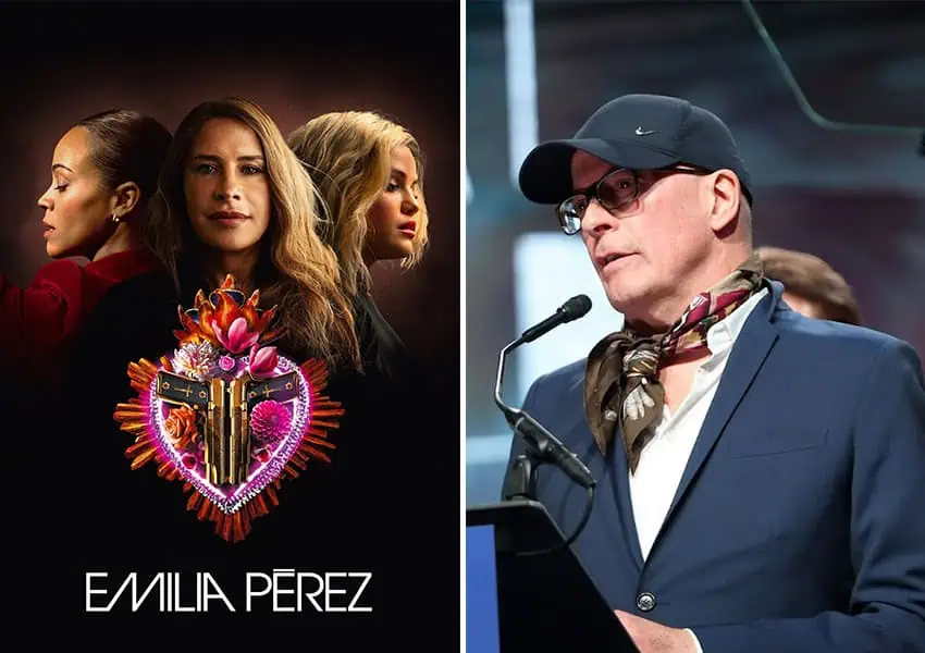 Two photos, one of the poster for the movie Emilia Pérez and the other, a portrait of the film