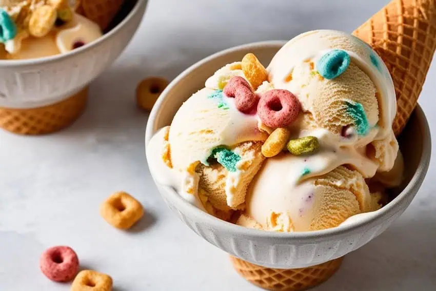 Vanilla mexican cereal-milk soft serve ice cream in a bowl with a traditional waffle cone and Froot Loops cereal sprinkled on top