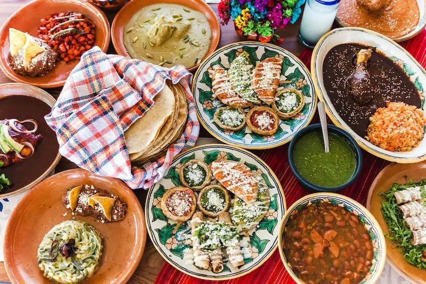 A spread of different types of Oaxaca food including tlyaudas, mole and tortillas.