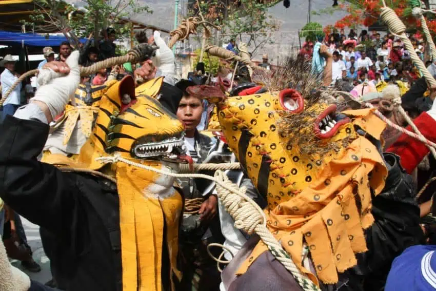 People dressed with paper mache masks made to look as jaguars. One person in costume is holding a crudely fashioned whip made of coiled rope and using it to lash another person in jaguar costume. A boy in normal clothing looks on