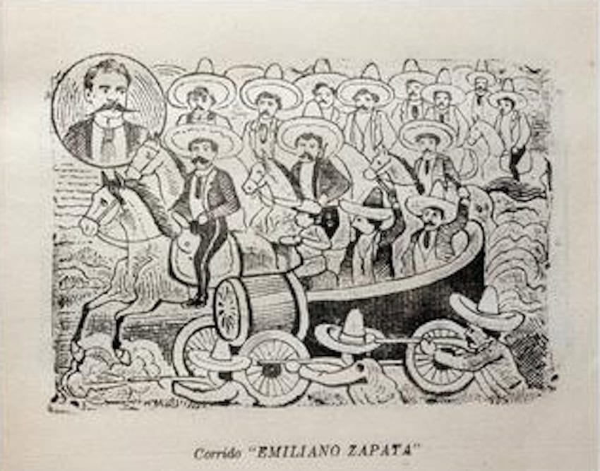 Una caricatura de la era de la revolución que muestra la llegada de Emiliano Zapata en tren.