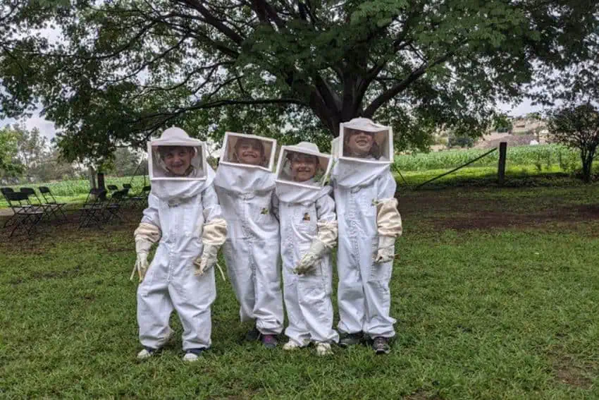 Cuatro niños sonriendo para una foto en la hierba frente a un gran árbol. Llevan trajes completos de Beekpeer, incluidas las cubiertas protectoras de la cabeza.