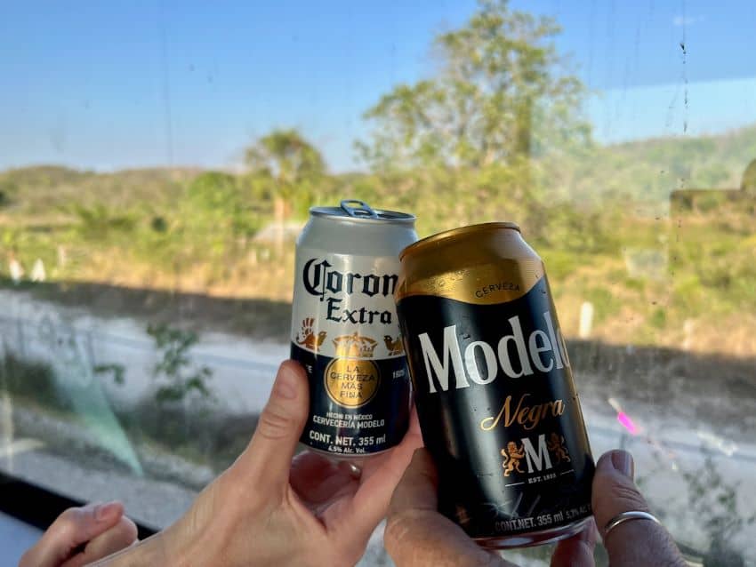 Dos manos sosteniendo cervezas frente a una ventana en el tren maya mirando en el paisaje