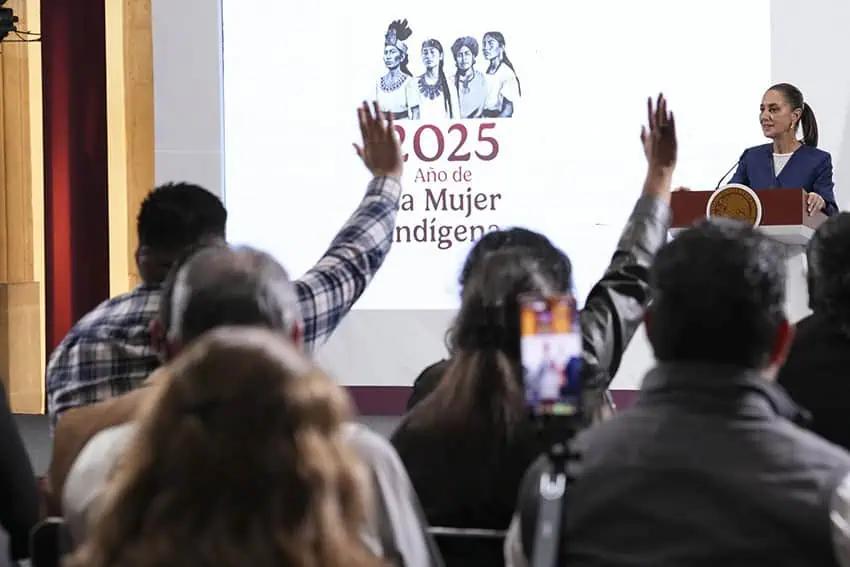 reporters raise their hands at Sheinbaum