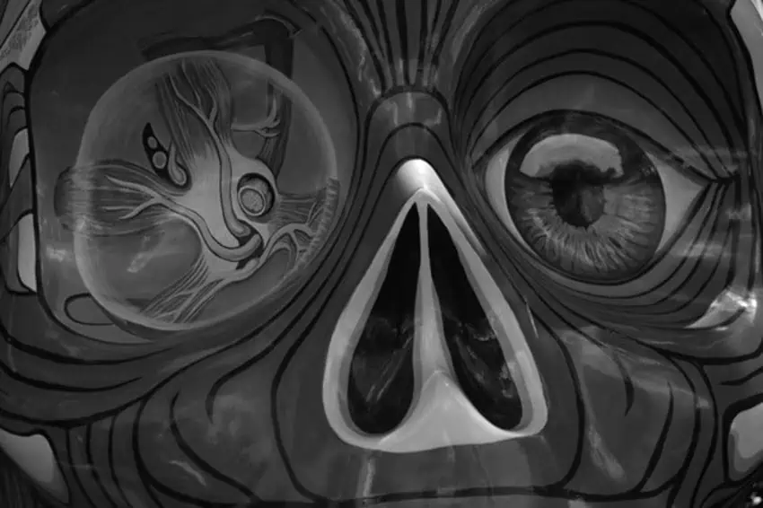 Un primer plano blanco y negro de una cara de cráneo. A la derecha, se representa un ojo humano detallado, mientras que a la izquierda, se ve un patrón abstracto, casi biológico o neurológico dentro de una forma redondeada, lo que sugiere una sección transversal o trabajos internos. La cara tiene agujeros de nariz prominentes y líneas estilizadas que irradian hacia afuera.