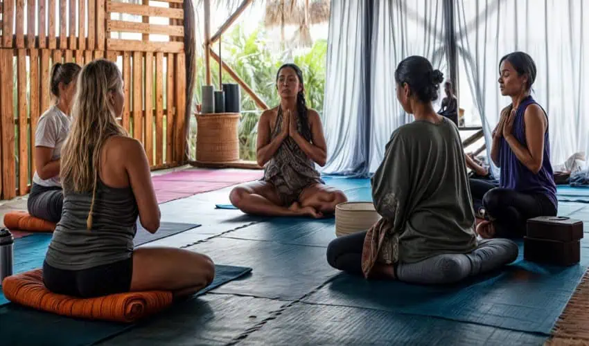 Cinco mujeres están sentadas con las piernas cruzadas en esteras de yoga en un estudio rústico al aire libre con paredes de madera, practicando meditación con las manos en varias posiciones en sus cofres.