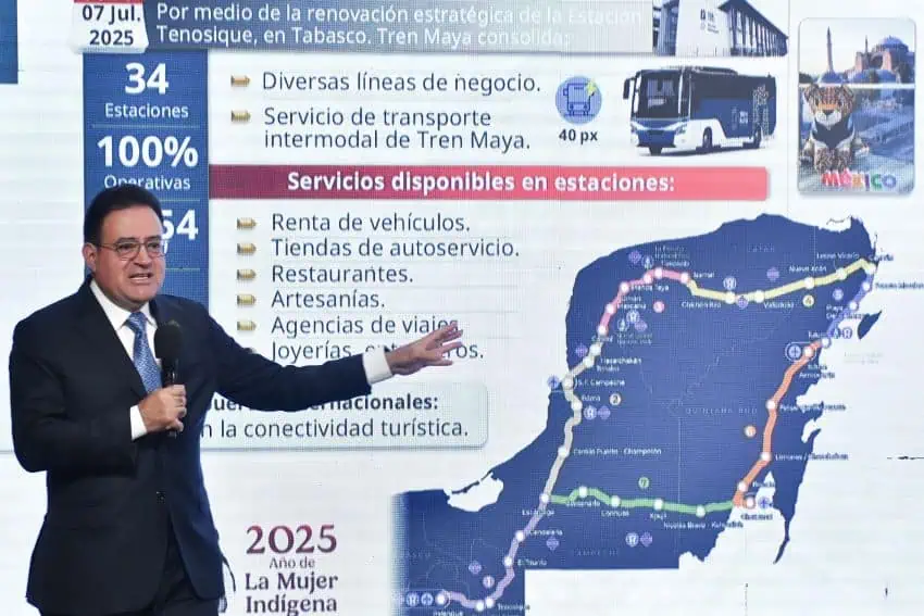 A map of the Maya Train at a press conference