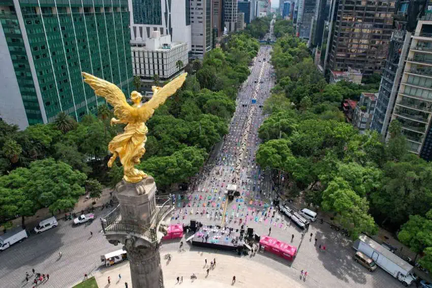 An aerial view of the Angel of Independence monument on Reforma Avenue in Mexico City, looking down the tree-lined boulevard surrounded by tall city buildings.