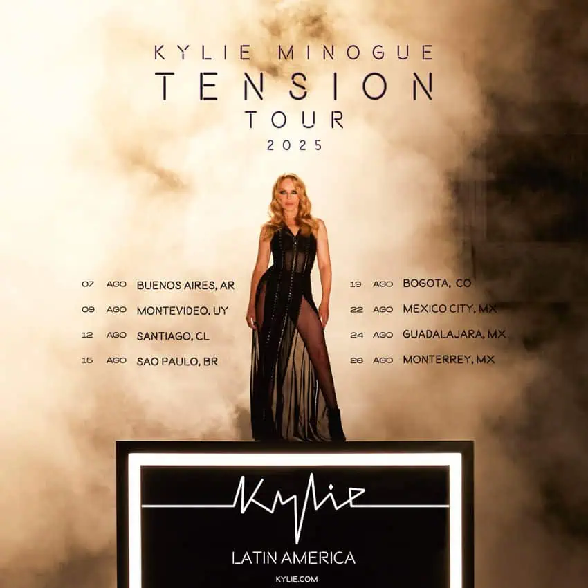 El póster promocional para la tensión de Kylie Minogue 2025 muestra a la estrella del pop australiana y enumera las fechas latinoamericanas, incluido su concierto del 24 de agosto en Guadalajara, México.