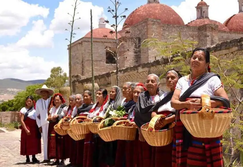 Un grupo de mujeres mayores se encuentra en una línea, sosteniendo canastas de comida.