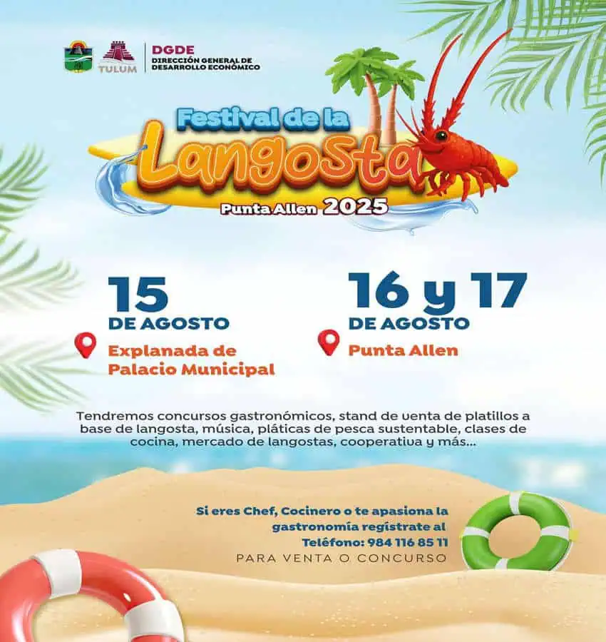 Un póster promocional para el "Festival de la Langosta Punta Allen 2025" (Festival de Langos Punta Allen 2025) en Tulum y en Punta Allen, México. El póster presenta un gran gráfico de una langosta roja sobre un diseño de ondas con el título del festival. Las palmeras flanquean la langosta, y un cielo azul soleado con nubes forma el fondo.