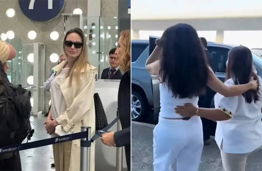 A photo of Angelina Jolie in an airport and another blurry image of Salma Hayek leaving the airport.