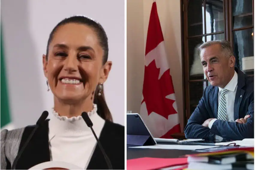 Two photos, one of Mexico president claudia sheinbaum and the other of Canada Prime Minister Mark Carney