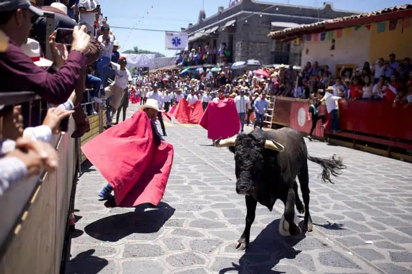 Los corredores de toros aficionados con capas rojas esquivan un toro negro en una calle adoquín en XICO, Veracruz, mientras que las multitudes miran desde gradas improvisadas durante el festival de La Xiqueñada.