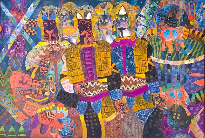 Una pintura vibrante y colorida que representa un grupo de figuras con disfraces elaborados y máscaras de animales.