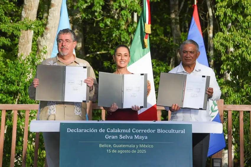 Tres cabezas de estado en un podio que tiene papeles