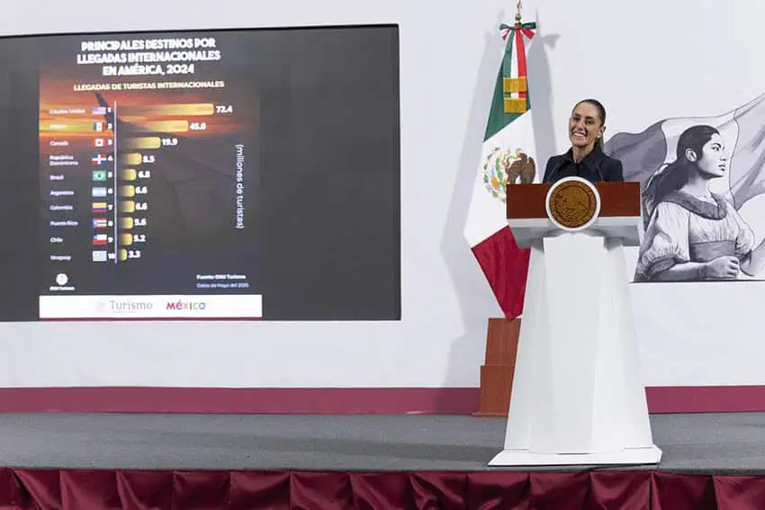 El presidente mexicano Sheinbaum al lado de una tabla de clasificación de los países más visitados del mundo