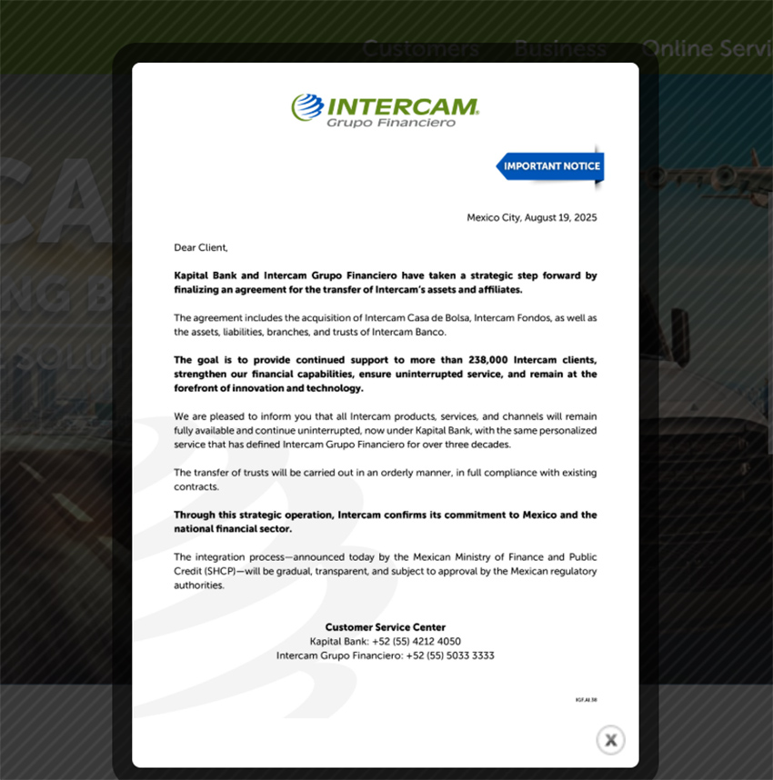 Una carta de Intercam Bank alertando a los clientes de que sus activos serán absorbidos por Kapital Bank