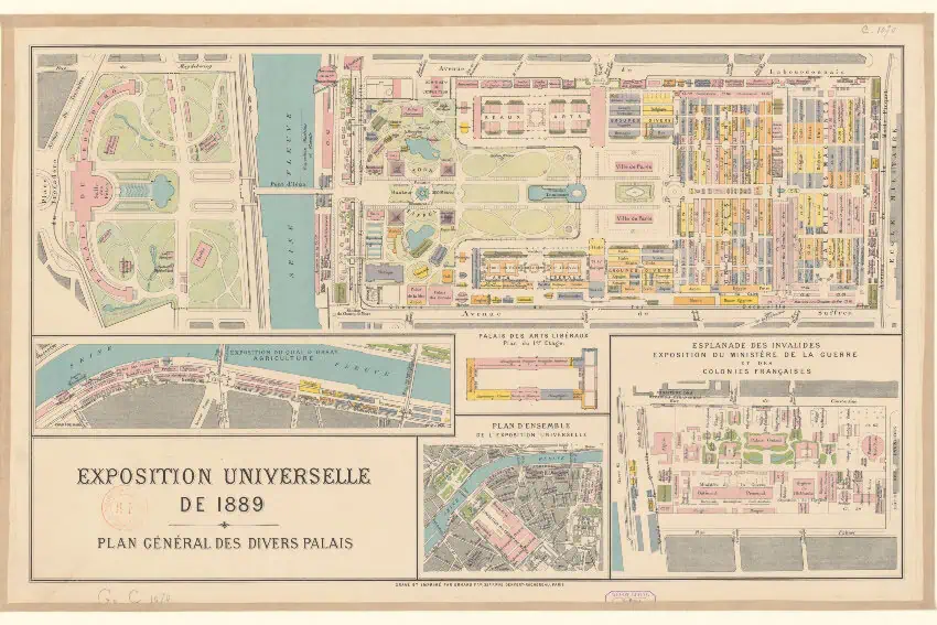 Un mapa ilustrado para la Feria Mundial de 1889 en París.