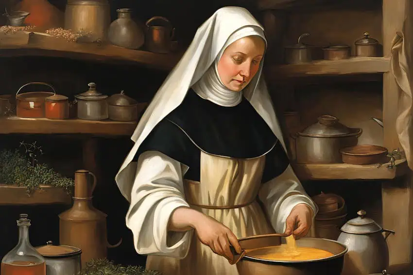 Una imagen de IA de una monja que hace Rompope. La historia de Rompope comenzó en Puebla