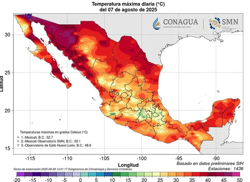 A heat map of Mexico showing temperatures over 40 C along the northern border, throughout Sonora and in parts of the Baja peninsula