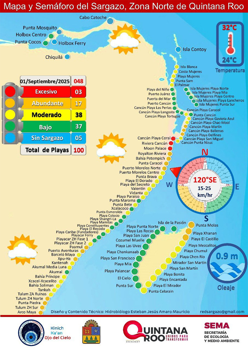 Un mapa del que las playas tienen Sargassum en Quintana Roo