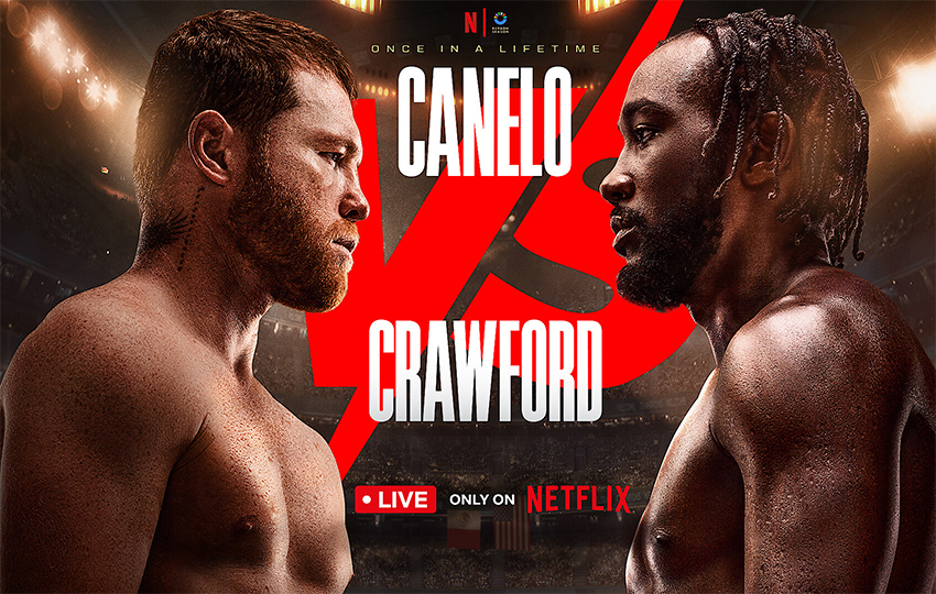 Press poster for the Canelo-Crawford fight, showing the boxers standing face to face with the Netflix logo