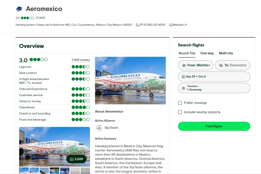 Página de calificación de TripAdvisor para Aeroméxico