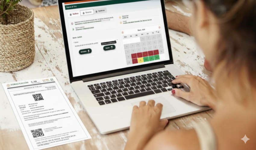 Las manos de una persona son visibles en el teclado de una computadora portátil, mostrando un sistema de programación de citas en línea para "Registro de Citas" (Registro de citas) en la pantalla, que incluye un calendario que muestra las fechas disponibles (verde), parcialmente disponibles (amarillo) y no disponibles (rojo).