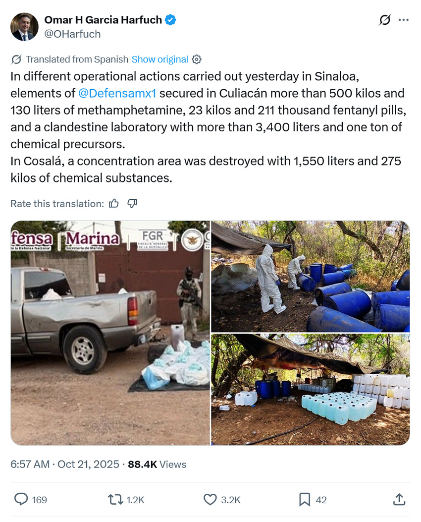 Publicación en redes sociales de AXE en la que el ministro de Seguridad, García Harfuch, informó el decomiso de más de 500 kilos y 130 litros de metanfetamina, 211.000 pastillas de fentanilo y 103 dosis de marihuana, con fotografías de un laboratorio de drogas desmantelado.