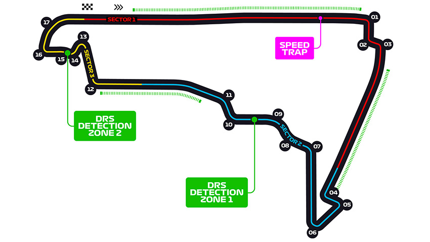 Un diagrama que muestra el trazado de la pista de carreras de la Ciudad de México en el Autódromo Hermanos Rodríguez.