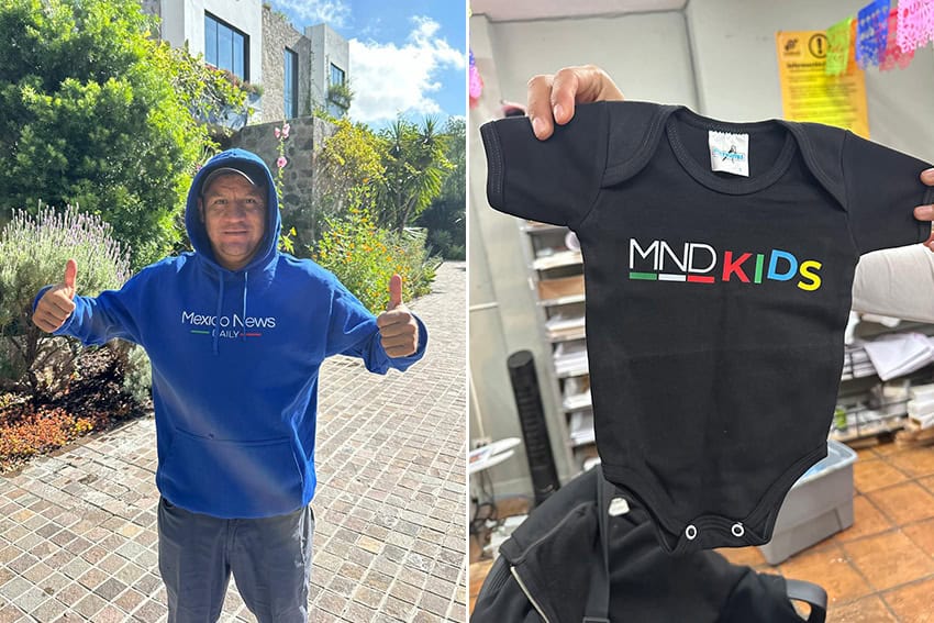 Dos fotos, una de un hombre con una sudadera con capucha azul de Mexico News Daily y otra de un mono de MND Kids.