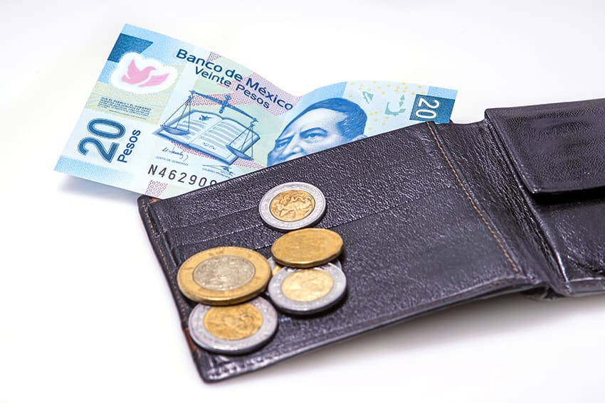 Billetes y monedas de pesos mexicanos con billetera.