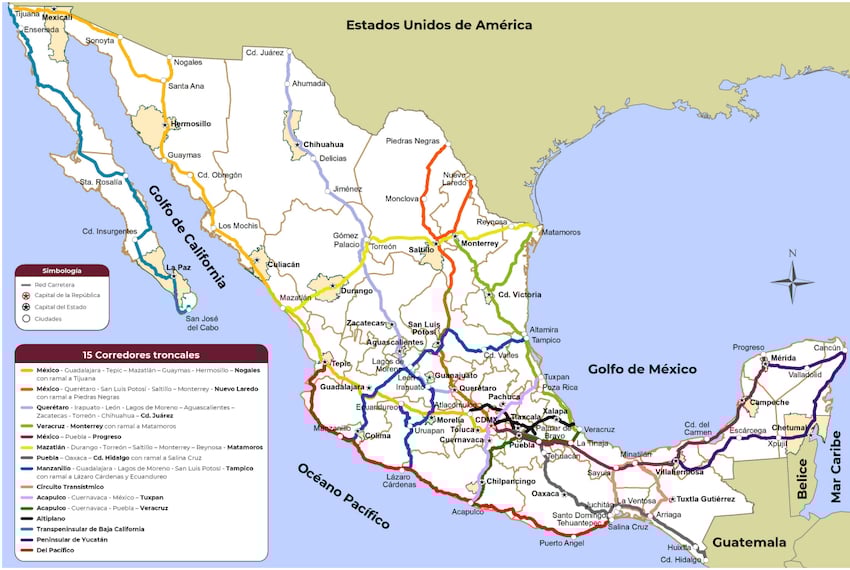 Un mapa de las 15 carreteras prioritarias de México para el proyecto Mega Bachetón.