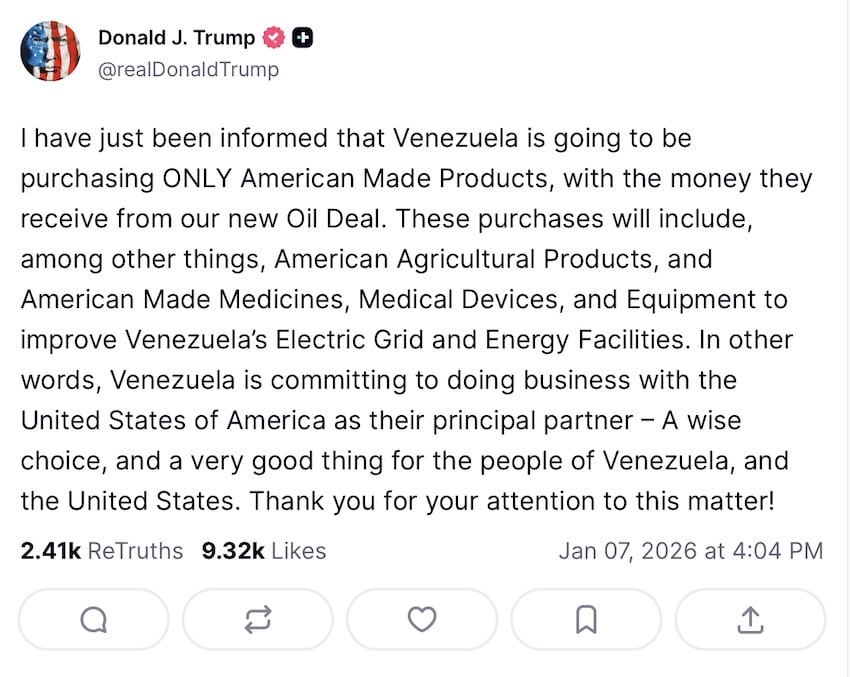 El presidente Trump pareció confirmar informes anteriores el miércoles con una publicación en las redes sociales en la que declaraba que Venezuela había acordado "comprar productos estadounidenses".
