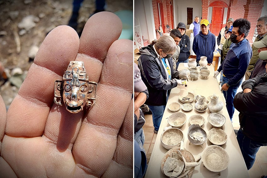 Two photos: On the left, a hand holds a tiny gold mask. On the right, townspeople gather around a table filled with dusty clay pots and vases