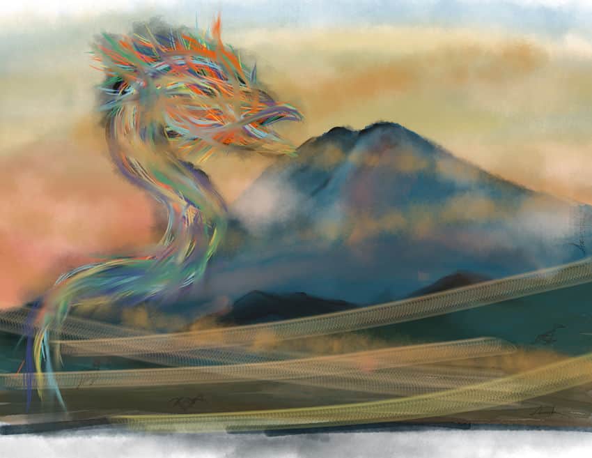 Una pintura digital de una colorida serpiente emplumada, que recuerda a Quetzalcóatl, elevándose ante un majestuoso volcán mexicano.