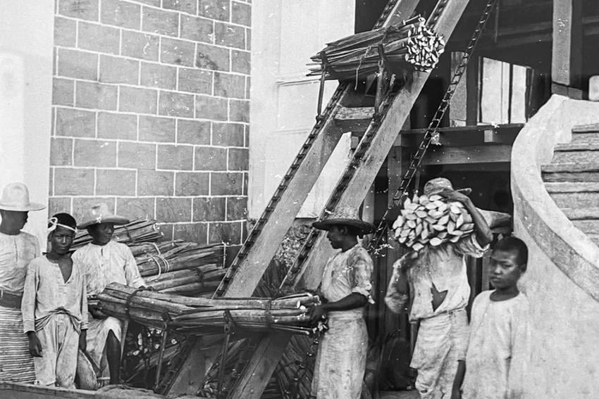 Fotografía en blanco y negro de un grupo de hombres y niños trabajando en una fábrica procesadora de henequén, posiblemente en Yucatán. Llevan ropa de trabajo sencilla y sombreros, y manipulan grandes fardos de henequén seco. Se los muestra alrededor de una cinta transportadora, con un hombre cargando un paquete al hombro y otros cargando paquetes en la máquina. Al fondo se ve una pared de ladrillos del edificio de la fábrica.