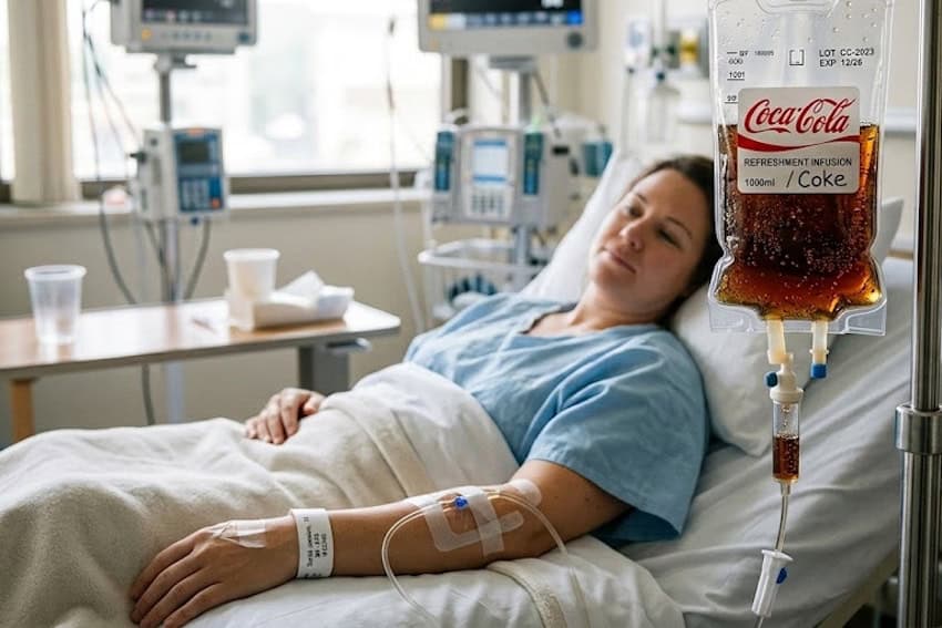 A woman with an IV of coca cola