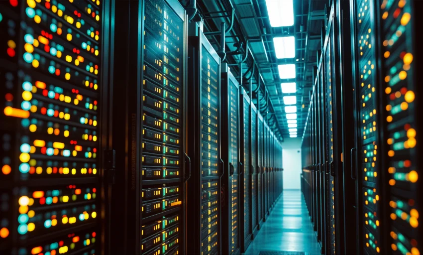 Filas de servidores dentro de un centro de datos de IA
