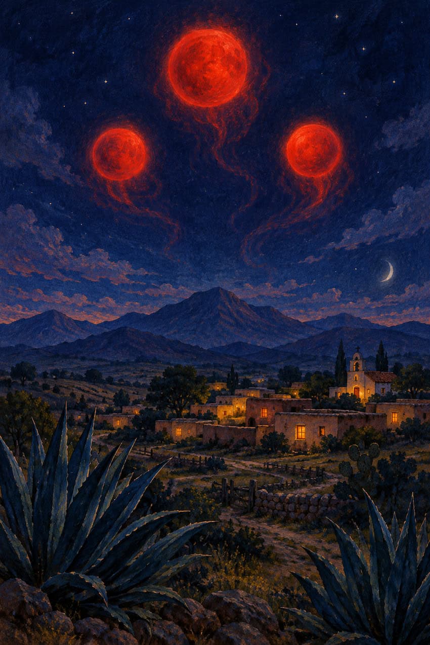Orbes rojos flotando en el cielo nocturno.