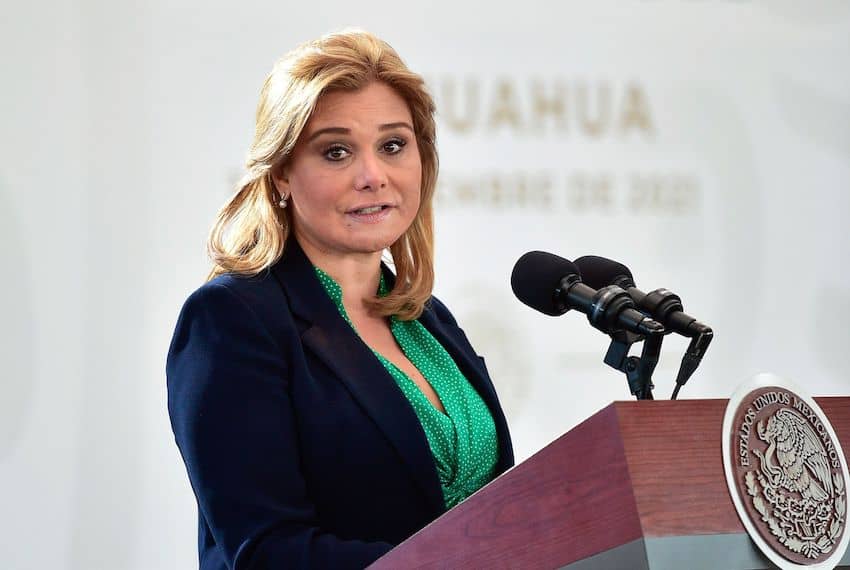 María Eugenia Campos, gobernadora constitucional de Chihuahua, durante la mañanera en esta ciudad fronteriza.
